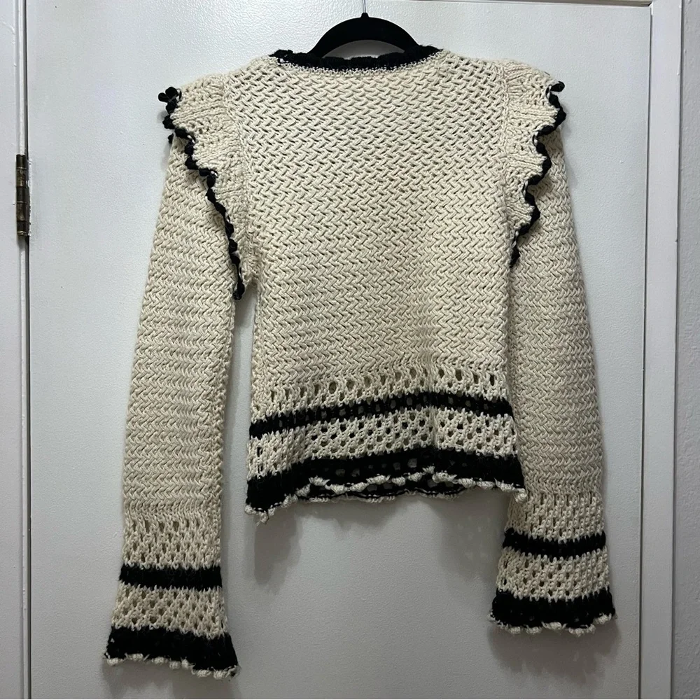 Mango Ruffle Flare Sleeve Sweater Open Knit Cream Black XS Crewneck Pullover - Picture 9 of 11